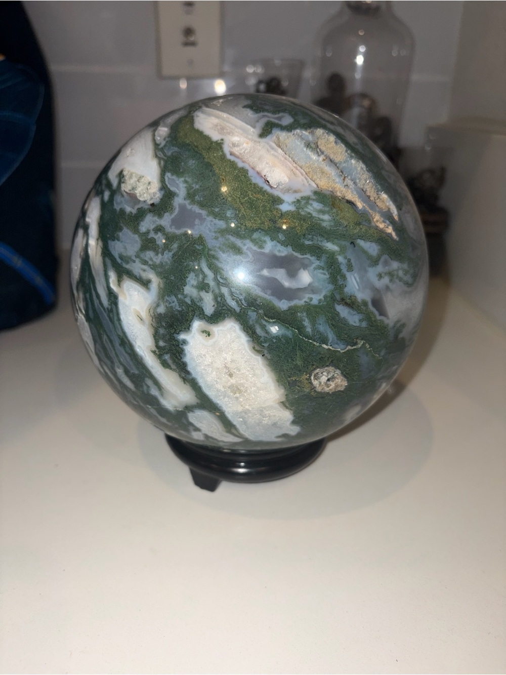 Decorative Green and White Moss Agate Sphere with Druzy- Home Art Accent
